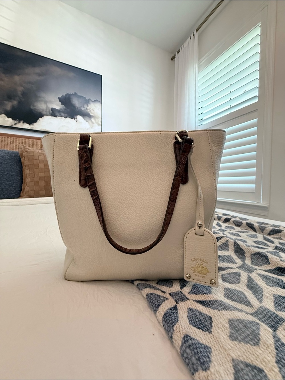 Brahmin Cream Pebbled Leather Tote with Dark Brown Straps